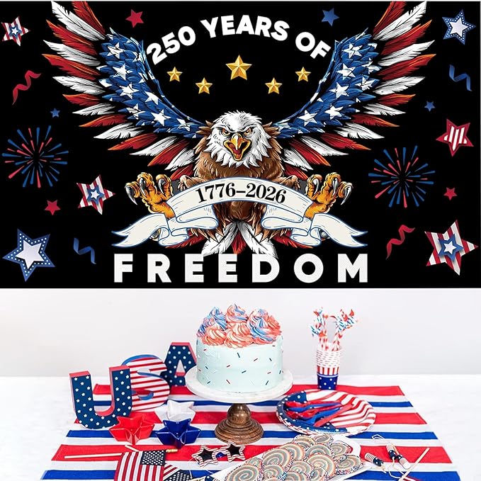 Red Blue 250 Years America Backdrop Banner Photography Background for 250th Anniversary USA Theme 4th of July Independence Day Home Garden Outdoor Party Decorations Supplies 72.8 * 43.3in