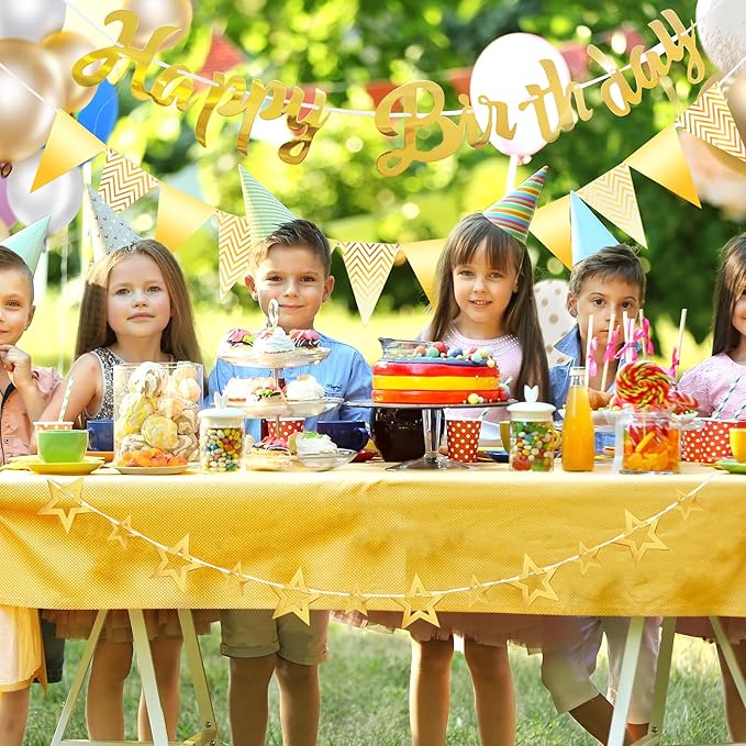 CANREVEL 3 PCS Gold Happy Birthday Banners, Hanging Stars Garland and Pennant Banner Flags, Gold Party Decorations, Golden Birthday Party Supplies for Women Men Girls Boys Adults