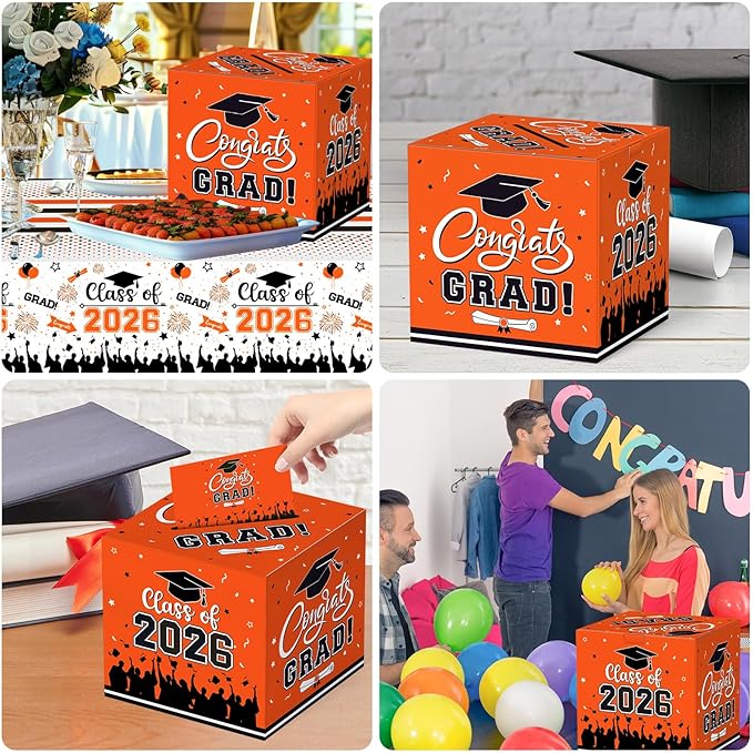 Graduation Card Box 2026 - Congrats Grad Card Boxes Holder, Orange Class of 2026 Graduation Gift Cards Box for Graduation Party Decorations 2026 Favors Decor Supplies Props, 9x 9 x 9 inches