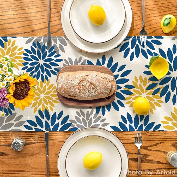 Artoid Mode Blue Dahlia Floral Pinnata Summer Table Runner, Spring Kitchen Dining Table Decoration for Home Party Decor 13x120 Inch