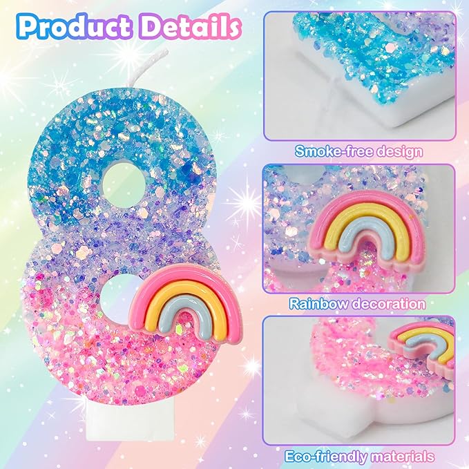 Rainbow Birthday Number Candles, Number 8 Candles, Cupcake Decorations, Macaron Birthday Cake Decorations, Cartoon Theme Party Supplies (Number 8)