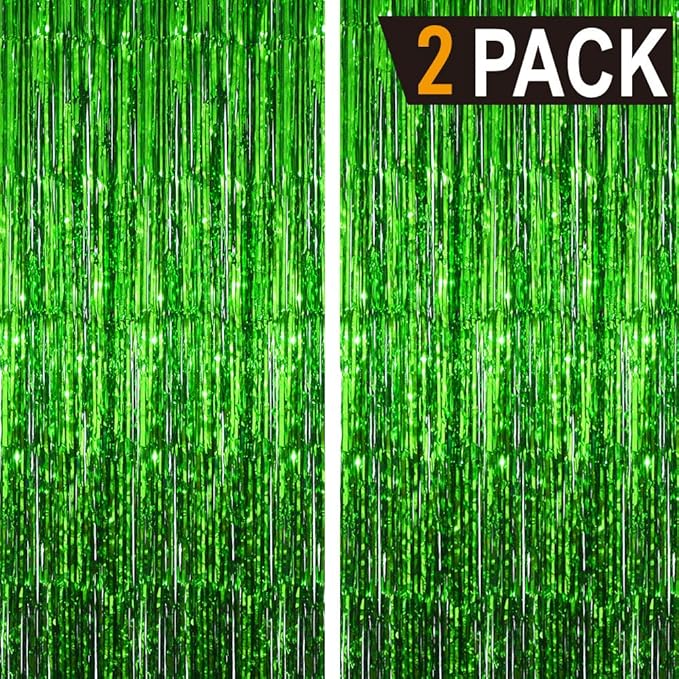 GOER 3.2 ft x 9.8 ft Metallic Tinsel Foil Fringe Curtains Party Photo Backdrop Party Streamers for St. Patrick's Day,Birthday,Graduation,New Year Eve Decorations Christmas Decor (Green,2 Packs)