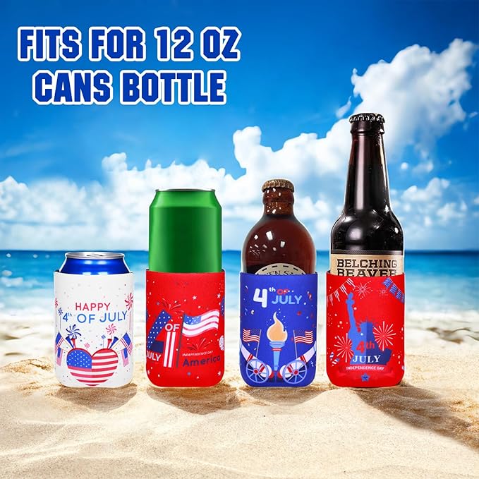 4th of July Decoration Can Cooler Sleeves, 12 Pcs Independence Day Can Party Supplies USA Flag Insulated Collapsible 4th of July Cooler Sleeves for Patriotic Memorial Day (A)