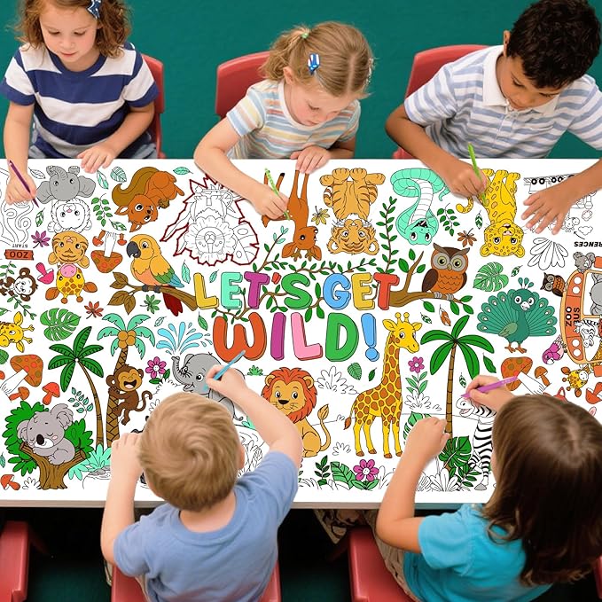 Safari Jungle Party Coloring Poster, 31.5x72" - Ideal as Safari Birthday Decorations, Kids' Coloring Table Cloth, Jungle Tablecloth for School Party & Special Events