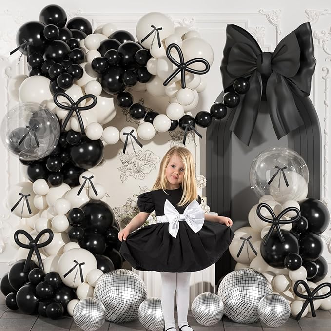 JOGAMS 175Pcs Black Bow Balloons Arch Kit with 260 Clear Disco Ball Balloons Black Ribbon Bow for Bow Coquette Birthday Baby Shower Decorations Bachelorette Bridal Shower Party