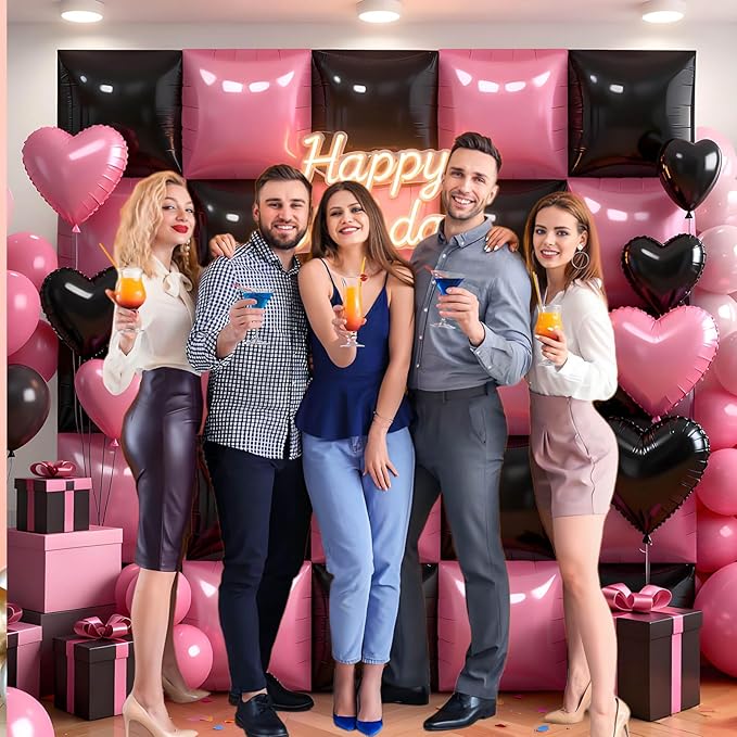 50Pcs Pink and Black Square Foil Balloons Wall Backdrop, Double Sided Metallic Foil Balloons Tunnel Arch Garland Kit for Photo Booth Birthday Wedding Halloween Christmas Party Decorations