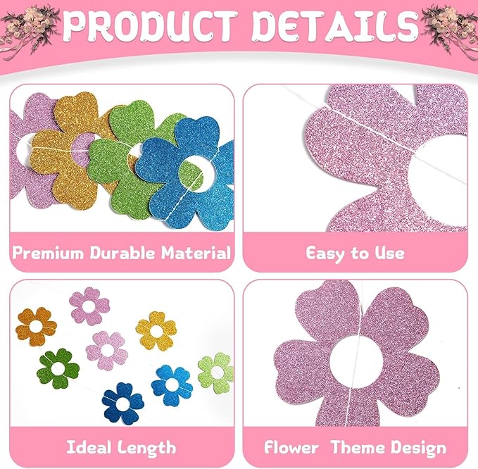12 Pack Spring Floral Glitter Garland Hanging Banners Colorful Flowers Double Side Twinkle Garlands Decor Party Supplies for Spring Easter Home Classroom Wedding Mantel Fireplace Wall Party Favors