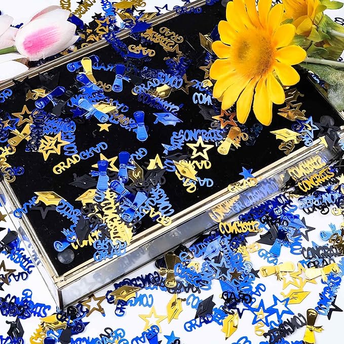 Blue Gold and Black Graduation Confetti 2026, 1000 Pcs Congrats Grad Confetti Class of 2026 Party Table Centerpiece for 2026 Graduation Party Decorations