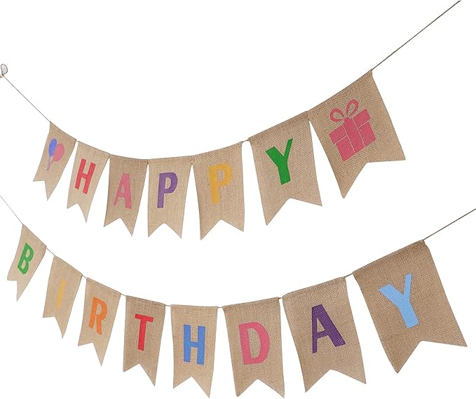 HUIHUANG Rainbow Birthday Banner Set - 2pcs Happy Birthday Banners - 15 Flags - 5" x 78" - Burlap Material - Perfect for Birthday Parties