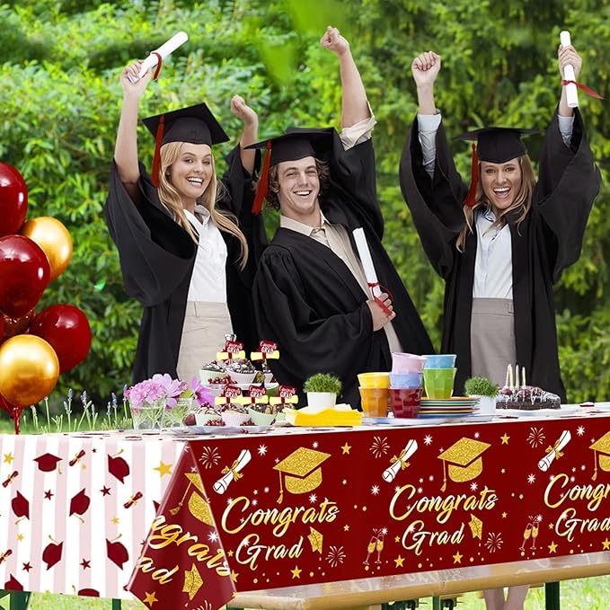 Graduation Tablecloth Party Decorations Class of 2026 3 Pack Maroon and Gold 54"x108" Congrats Grad Disposable Rectangle Table Cover Plastic Burgundy Table Cloth for College High School Party Supplies