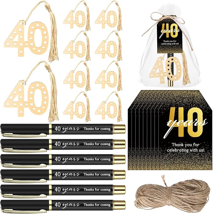 Spakon 25 Set 40th Birthday Party Favor for Guest Anniversary Party Favor Golden Birthday Bookmark Thanks for Coming Pen with Tag Appreciation Gifts for Women Men Wedding New Year