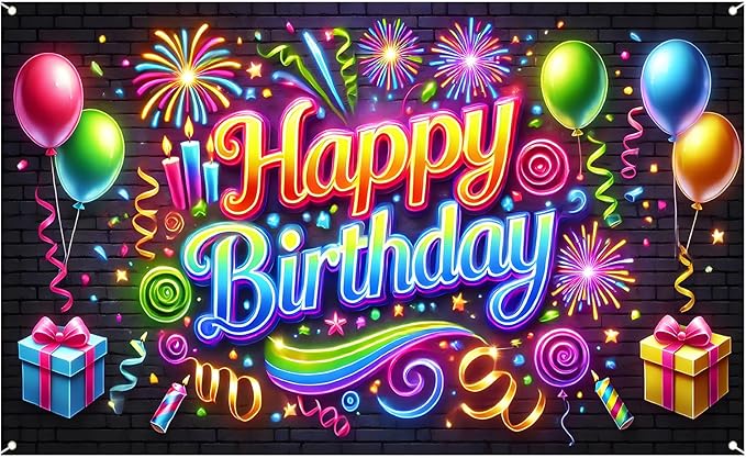Nuxovilar Neon Brick Wall Happy Birthday Banner - 71x43 Inch,Party Decor Banner Vibrant Balloons & Fireworks Backdrop for Indoor/Outdoor Parties