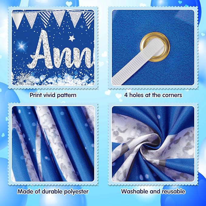 Blue Happy Anniversary Decorations for Men Women, Silver Blue Happy Anniversary Banner and 18pcs Balloons Party Decor for Wedding Anniversary Decorations Kit Supplies