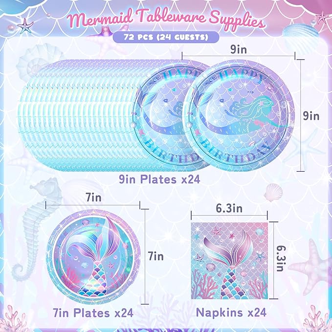 72PCS Mermaid Birthday Plates and Napkins, Set of 24 Disposable Paper Plates for Sea Themed Birthday Party Decorations, Mermaid Themed Party Supplies
