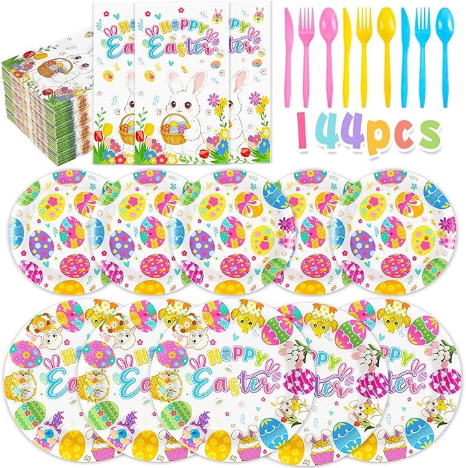 144 Pcs Disposable Easter Plates and Napkins Set-9 Inch Dinner Plates and 7 Inch Dessert Plates with Napkins and Flatware-Bunny Egg Tableware with Happy Easter-Spring Party Supplies for 24