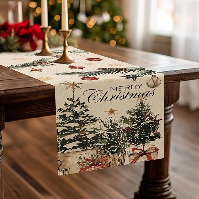 Merry Christmas Tree Dining Table Runner, Xmas Balls Pine Needle Branches Burlap Kitchen Decoration, Winter Holiday Indoor Outdoor Home Decor Party Supply 13 x 72 Inches
