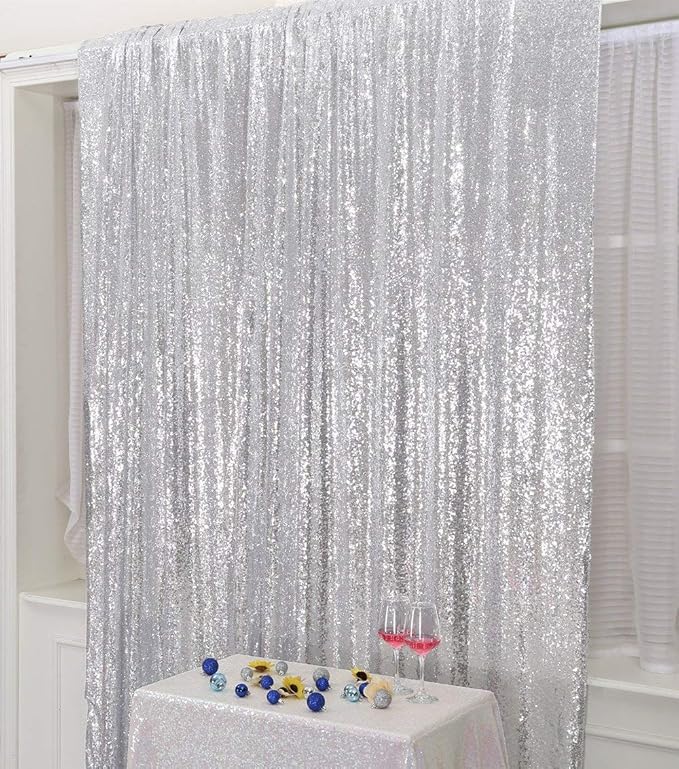 PartyDelight Silver Sequin Backdrop 6x8ft - High Density 3mm Shimmer Sequin Background with 4-Inch Rod Pocket, Sparkly Photography Curtain for Birthday, Disco, TikTok & Live Decor