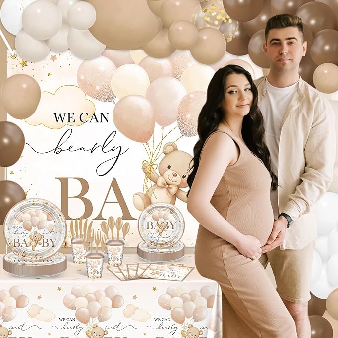 270 Pcs We Can Bearly Wait Baby Shower Decorations: Bear Baby Shower Banner Balloons Disposable Bear Themed Plates and Napkins Cups Tablecloth, Serve 24