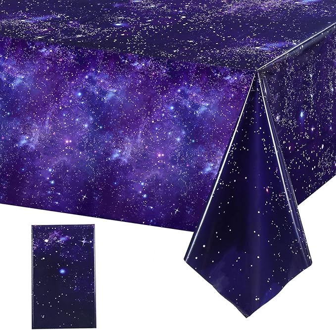 Tatuo 1 Pack Galaxy Plastic Table Cover Space Tablecloth Space Star Purple Nebula Rectangle Tablecloth Disposable Starry Night Sky Tablecover for Birthday Home Party Decorations, 54 x 108 Inch