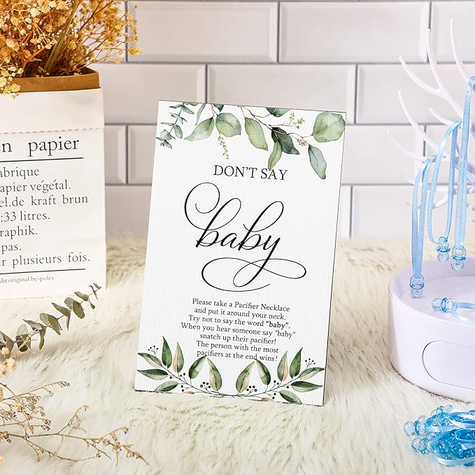 Geetery 51 Pcs Don't Say Baby Game Sign Greenery Cool Baby Shower Game 50 Pacifier Necklace Wooden Don't Say Sign Plastic Pacifier Party Favor for Gender Reveal(Greenery,Blue)