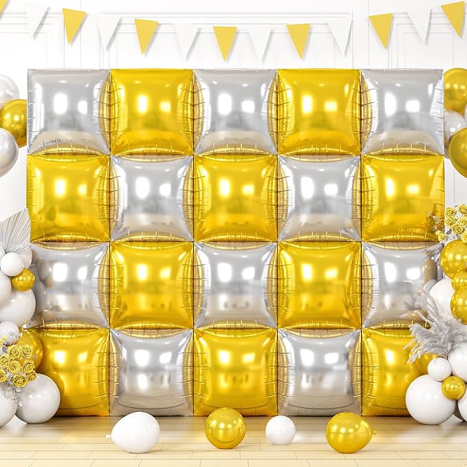 20PCS Silver Square Balloons, Graduation Decorations Backdrop Balloon Wall Tunnel Double Sided Gold & Silver Foil Balloons Kit for Graduation Christmas New Year Eve Graduation Birthday Party