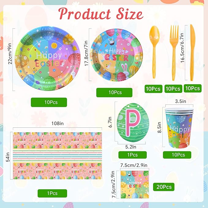 Easter Party Supplies Set - Disposable Easter Plates and Napkins Kit for 10 Guests, Includes Dinner & Dessert Plates, Cups, Cutlery, Napkins, Banner, Tablecloth for Easter Dinner, Spring Party