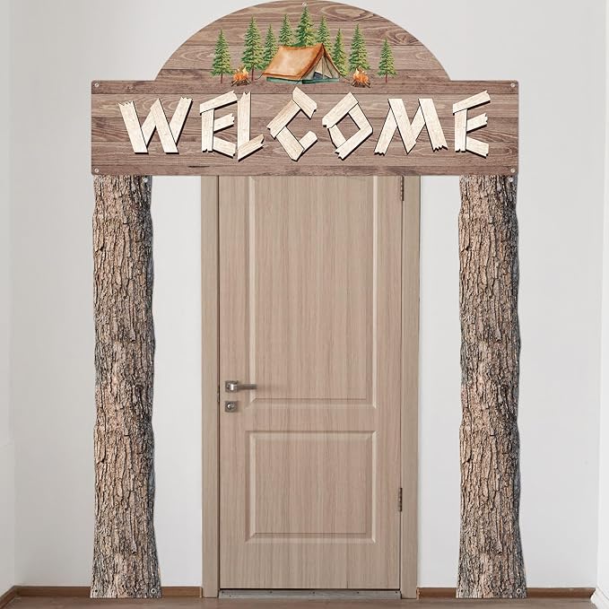 Peryiter 3 Pcs Camping Themed Party Decorations Banner Welcome Porch Sign with 1 Double Sided Tape for Summer Camp Birthday Hawaii Baby Shower Themed Party Activity Decor door (Forest Style)