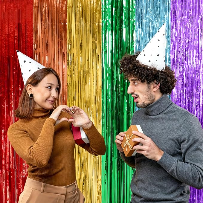 2 Pack Rainbow Backdrop Party Decorations Tinsel Curtain Party Streamer Foil Fringe Birthday Decorations Photo Booth Colorful Theme First Day of School Engagement Baby Shower Decor