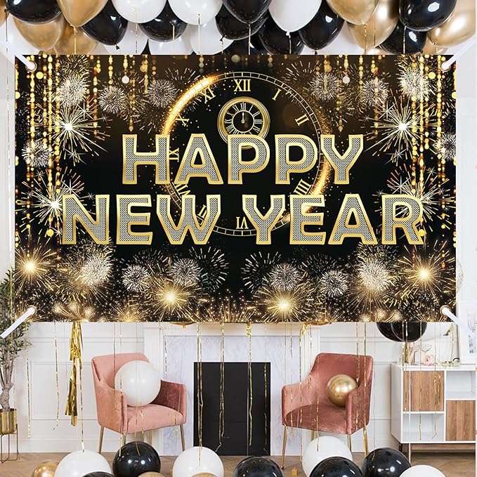 HAPPY NEW YEAR Hanging Extra Large Fabric Sign Poster Black Background Banner with Firework Pattern for New year Party Decorations
