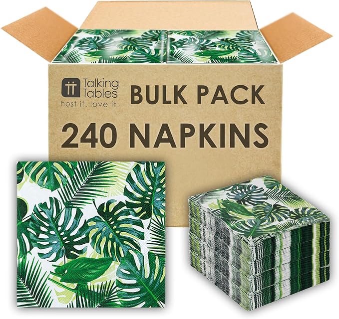 Talking Tables 240 x 3ply Tropical Cocktail Napkins Disposable Paper Palm Leaf Serviettes for Kid's Jungle Party, Hawaiian Theme, Luau, Summer, Picnic, Decoupage, Green, Party Supplies