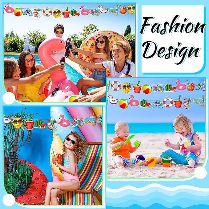 Chunful 36 Pieces Summer Tree Ornaments Christmas in July Wood Hanging Decoration Beach Wooden Slices Winter Tree Ornaments with String for Luau Hawaiian Party Supplies (Pool Style)