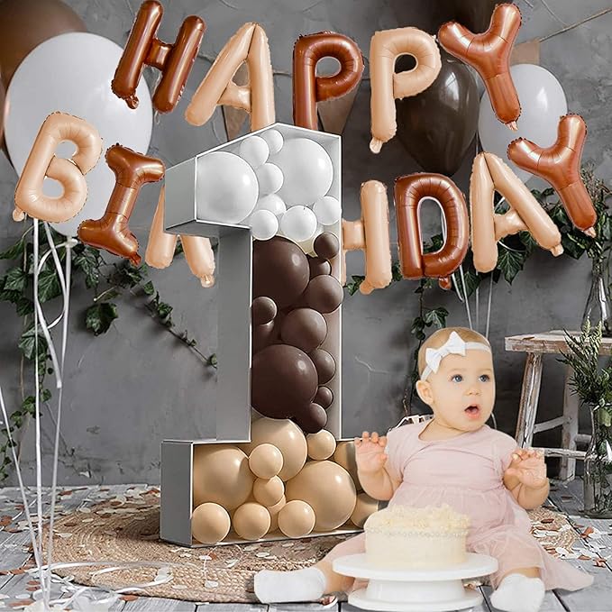KALOR Beige and Brown Happy Birthday Balloons Banner, 16 Inch Mylar Foil Letters Balloon Sign for Women, Men, Boys & Girls Kids Birthday Decorations Photo Backdrop