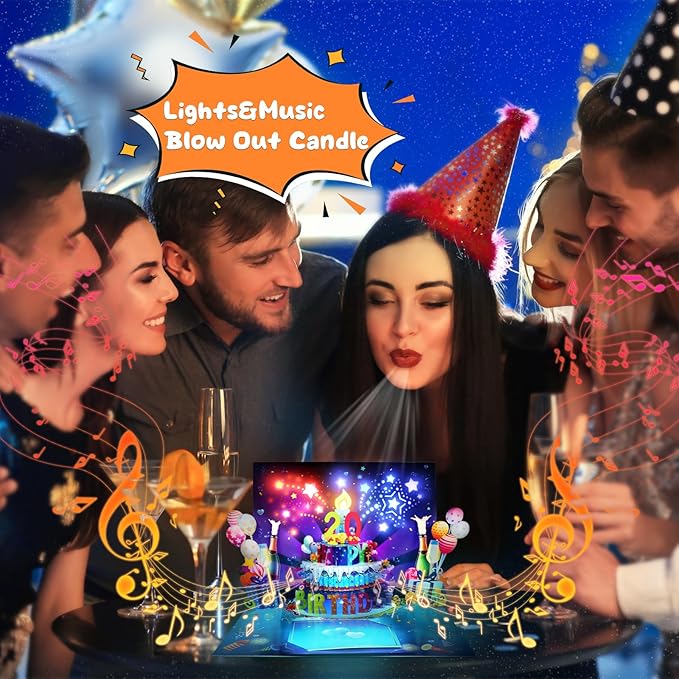 3D Musical Birthday Card with Blowable LED Light Candle, DIY 0-9 Numbers, Happy Birthday Pop Up Cards with Colorful Fireworks Lights, Happy Birthday Song & Exciting Cheering Sound, Impressive Musical
