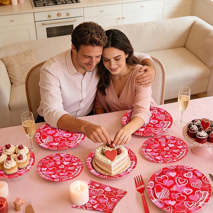 96 Pieces Valentines Day Plates and Napkins Tableware Set, Red Pink Heart Love Disposable Dinnerware with Paper Plates Napkins and Forks for Valentine Day Wedding Anniversary Party Favors - Serves 24