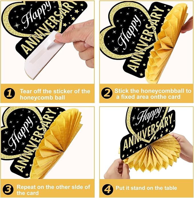 Happy Wedding Anniversary Decorations Table Honeycomb Centerpiece, 8pcs Anniversary Theme Party Supplies for Adult, 10th 25th 30th 40th 50th 60th Anniversary Table Decor