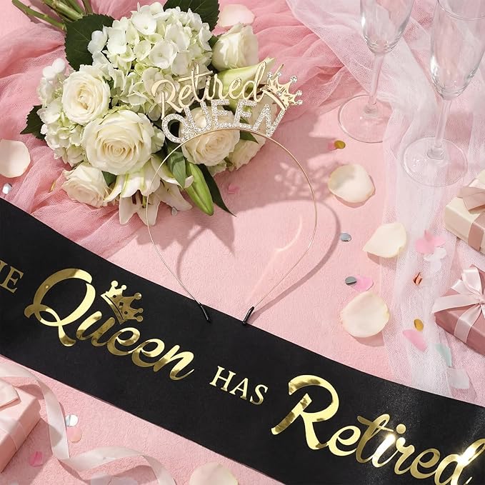 2 Pcs Retirement Party Decorations Retired Sash Retired Queen Tiara Crown for Women Retirement Gifts Black Sash and Gold Rhinestone Headband for Party Supplie, Gifts, Favors