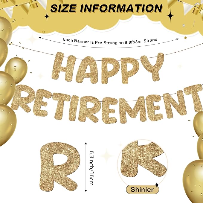 Fulmoon Pre Strung Happy Retirement Banner Glitter Retirement Sign Funny Official Retired Decor Party Decorations Supplies for Men Women Gifts (Champagne Gold)