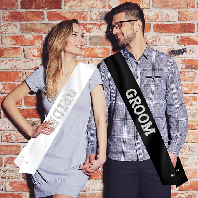 2Pcs Pearl Bride and Groom Sash - White BRIDE Sash & Black GROOM Sash for Bachelorette Party, Hen Party, Wedding, Bridal Shower & Engagement Favors