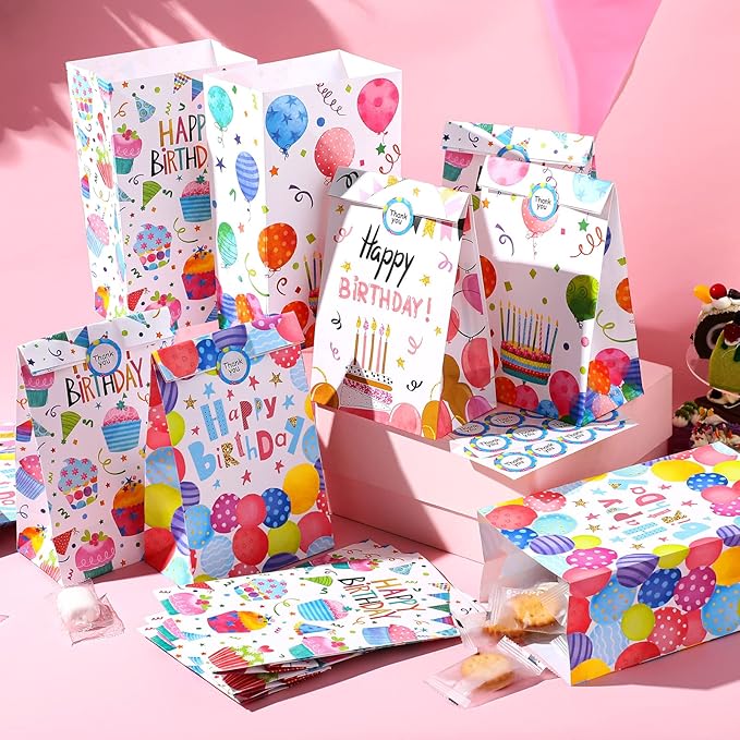 Chrisfall 24 Pieces Birthday Gift Bag Birthday Party Favor Gift Bags Goodie Bags with Seal Stickers Birthday Party Candy Bags Party Supplies