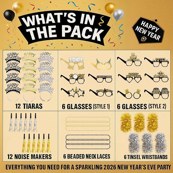 New Years Eve Party Supplies 2026 – 48 PCS Celebration Kit with Headbands, Glasses, Necklaces, Noise Makers& Wristbands – Gold Silver Happy New Year Decorations