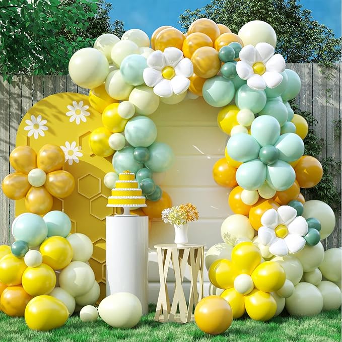 Daisy Balloon Garland Arch Kit,Retro Yellow Green White Hippie Boho Balloons Garland Daisy Flower Balloons For Birthday Baby Shower Bridal Wedding Groovy Daisy Party Decorations