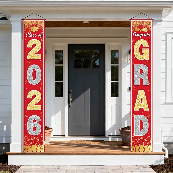 OHOME Graduation Decorations 2026 - Red Gold Congrats Grad Porch Banner for Graduation Party Decorations - Class of 2026 - Party Favors Supplies Backdrop Yard Signs Decor (Red)