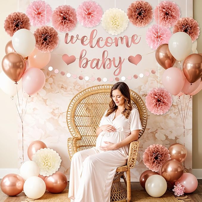 Kriyokiaa 15 Pcs Baby Shower Decorations for Girl Dark Rosegold Baby Shower Decorations with Welcome Baby Banners Paper Flower Pom Poms Perfect for Indoor & Outdoor Celebrations