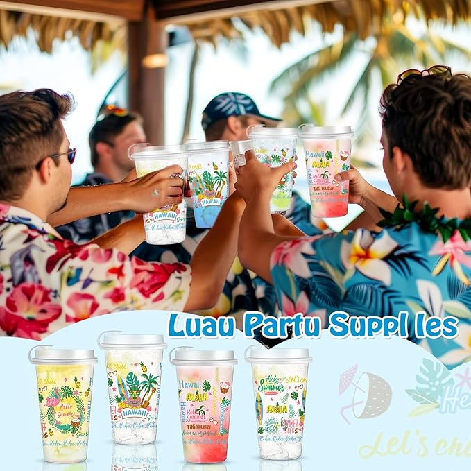 50 Pcs Hawaiian Luau Party Cups 16 oz Summer Disposable Plastic Cups with Lids, Tropical Floral Hibiscus Palm Tree Flamingo Tiki Drinking Cups for Hawaii Beach Pool Birthday Party Drinkware Supplies