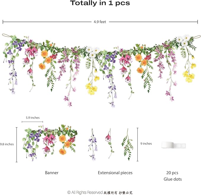Cheerland Flower Garland Banner Wildflower Party Decorations for Enchanted Garden Floral Woodland Theme Picnic Girls Birthday Tea Party Garden Wedding Onederland Theme Laminated Watercolor Baby Shower