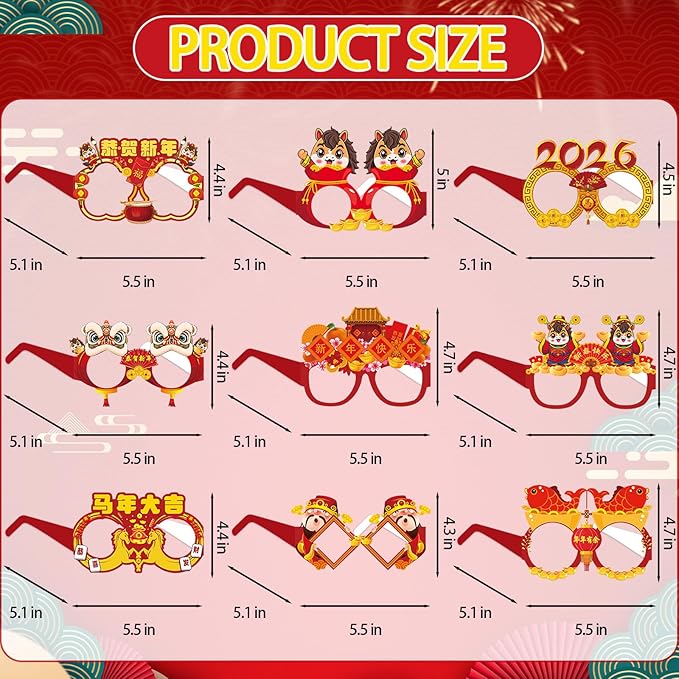 12PCS Lunar New Year Glasses, Funny Chinese New Year Paper Eyeglasses Photo Booth Props Spring Festival Eyeglasses Frames for Year of the Horse Party Supplies 2026