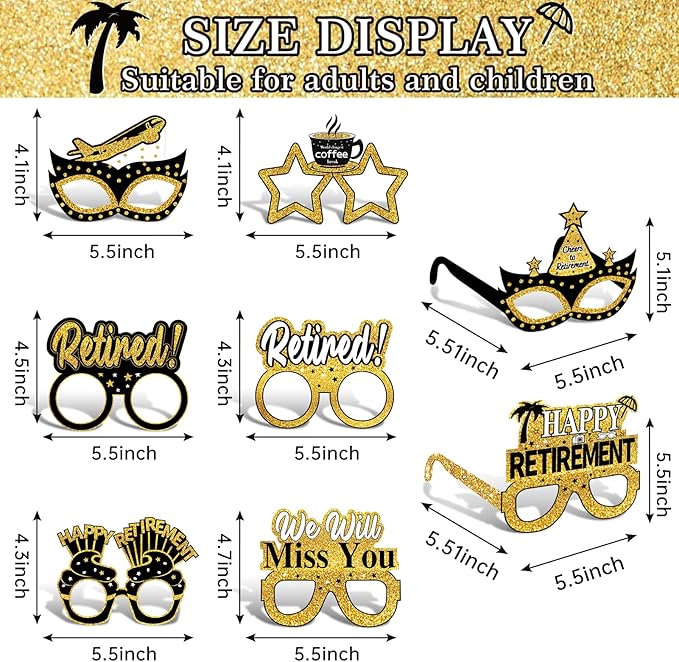24Pcs Retirement Party Decorations Paper Glasses for Men Women, Black Gold Happy Retirement Paper Eyeglasses Party Supplies, Funny Farewell Retired Party Glasses Photo Props Decor