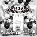 Black Silver Birthday Decorations,Happy Birthday Banner Black and Silver Balloons Fringe Curtain Heart Foil Balloons for Men Women Boys Girls