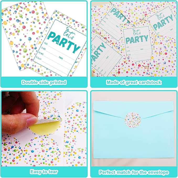 30 Pieces Confetti Birthday Invitations LET'S PARTY Watercolor Dot Invitation Set for Boys Girls Kids Birthday Invitations with Sticker Labels Envelopes Rainbow Polka Dot Party Supplies Decorations