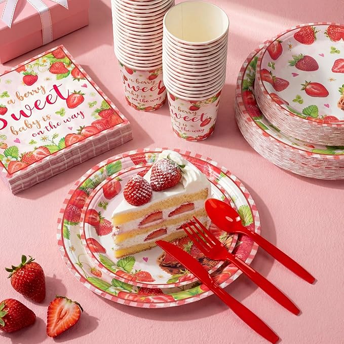 350 Pcs Sweet Baby Shower Party Supplies a Berry Sweet Baby Is on the Way Tableware Set Strawberry Disposable Plates Napkins Paper Cup Plastic Cutlery Serves 50